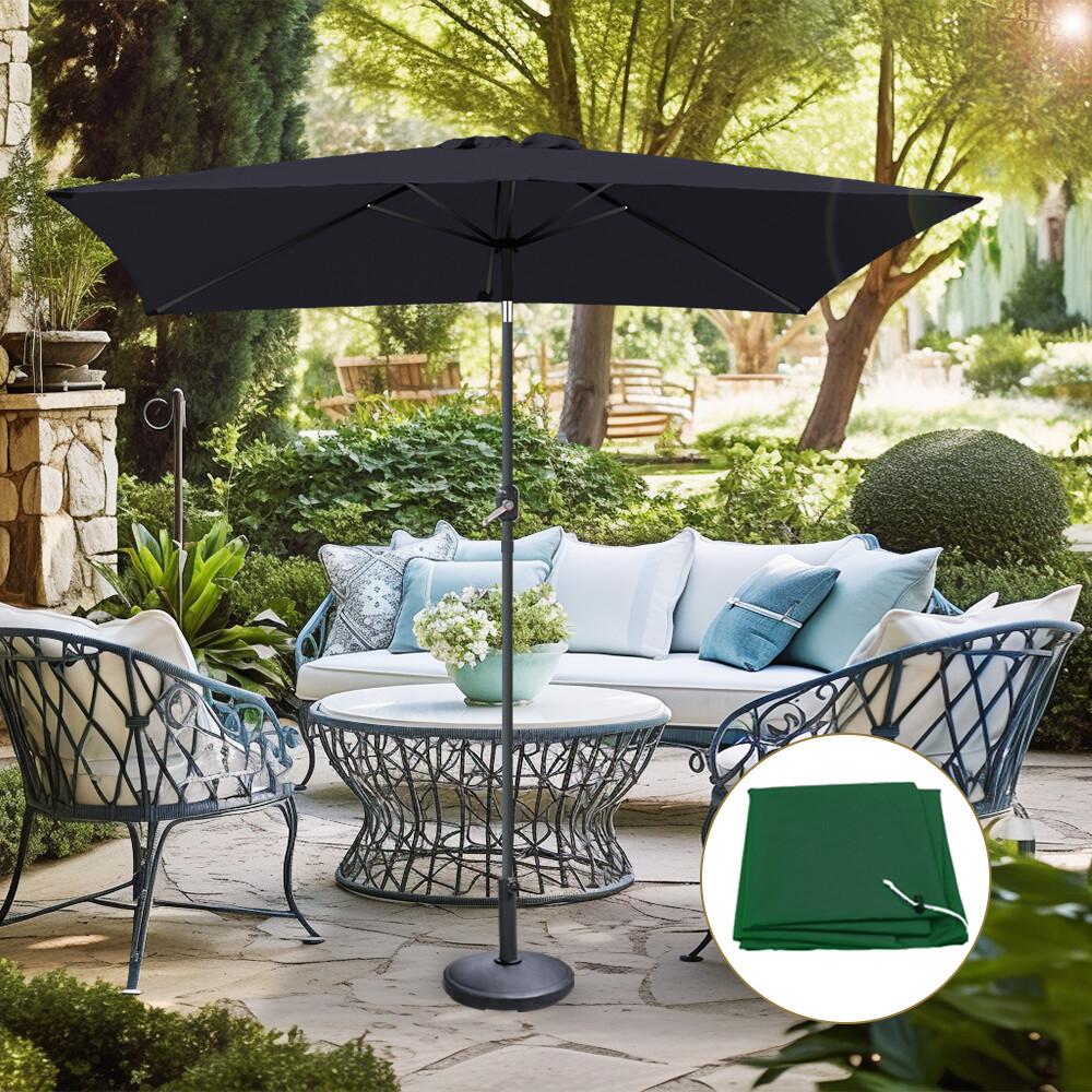 2x3m Black Garden Parasol Outdoor Rectangular Umbrella Crank Tilt w/ Base Cover