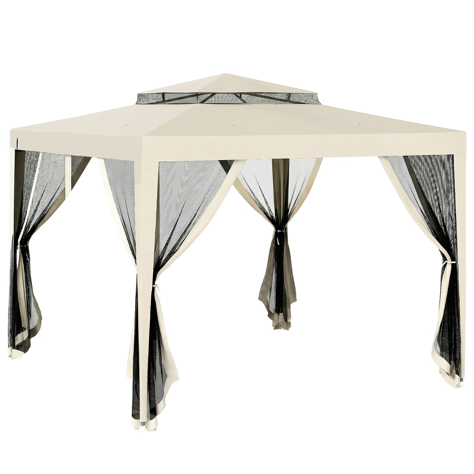 Outsunny 3 x 3 m Gazebo, Netting Party Tent w/ Double Tier Roof, Beige