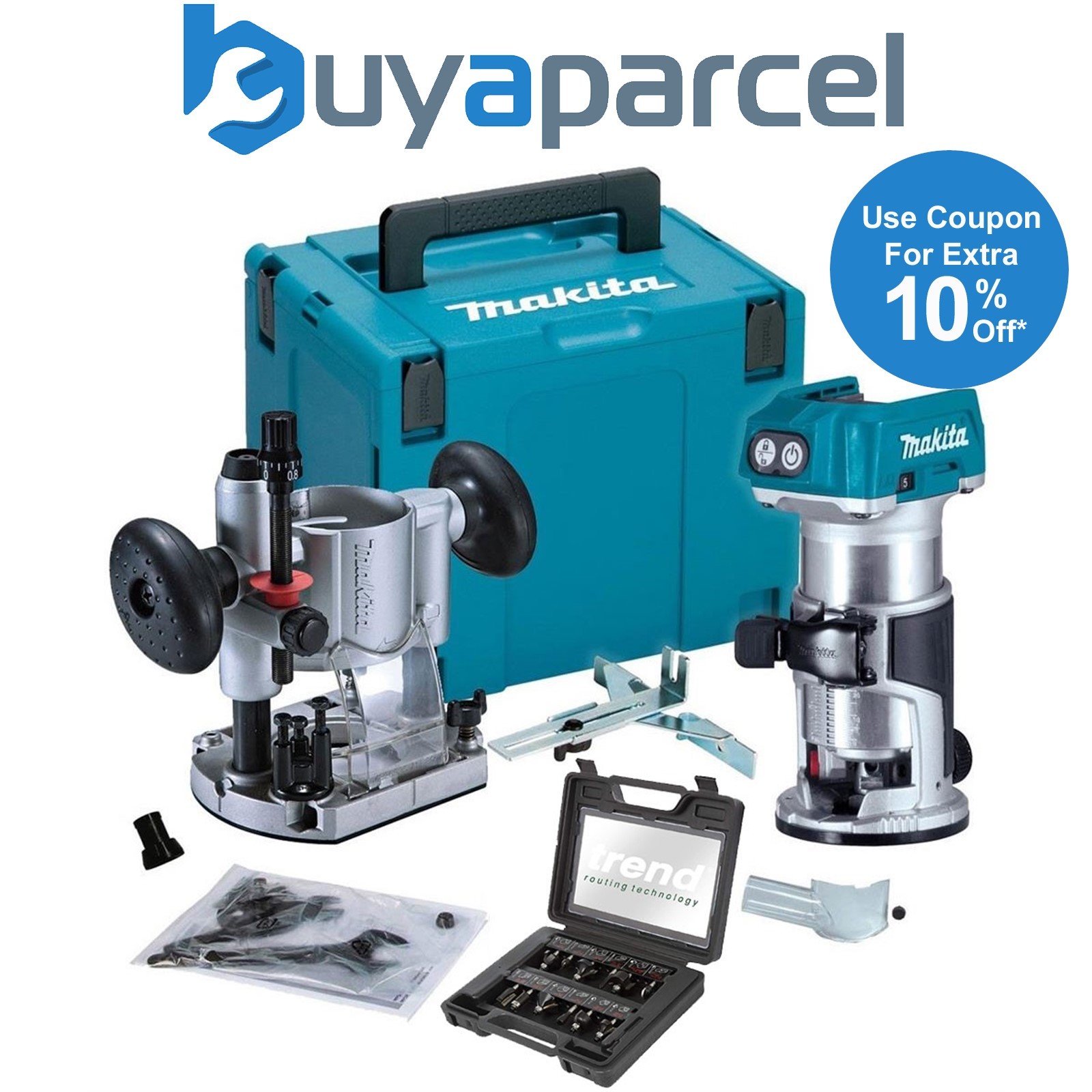 Makita DRT50Z 18v XR Brushless Cordless 1/4" Router + Plunge Base +12P Trend Set