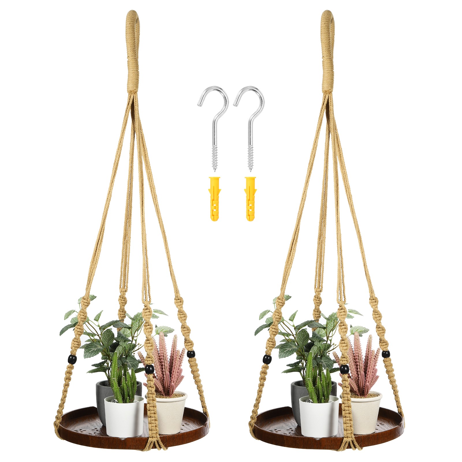 2 Pack Macrame Hanging Plant Shelf Indoor with Sturdy Wood Base, Brown