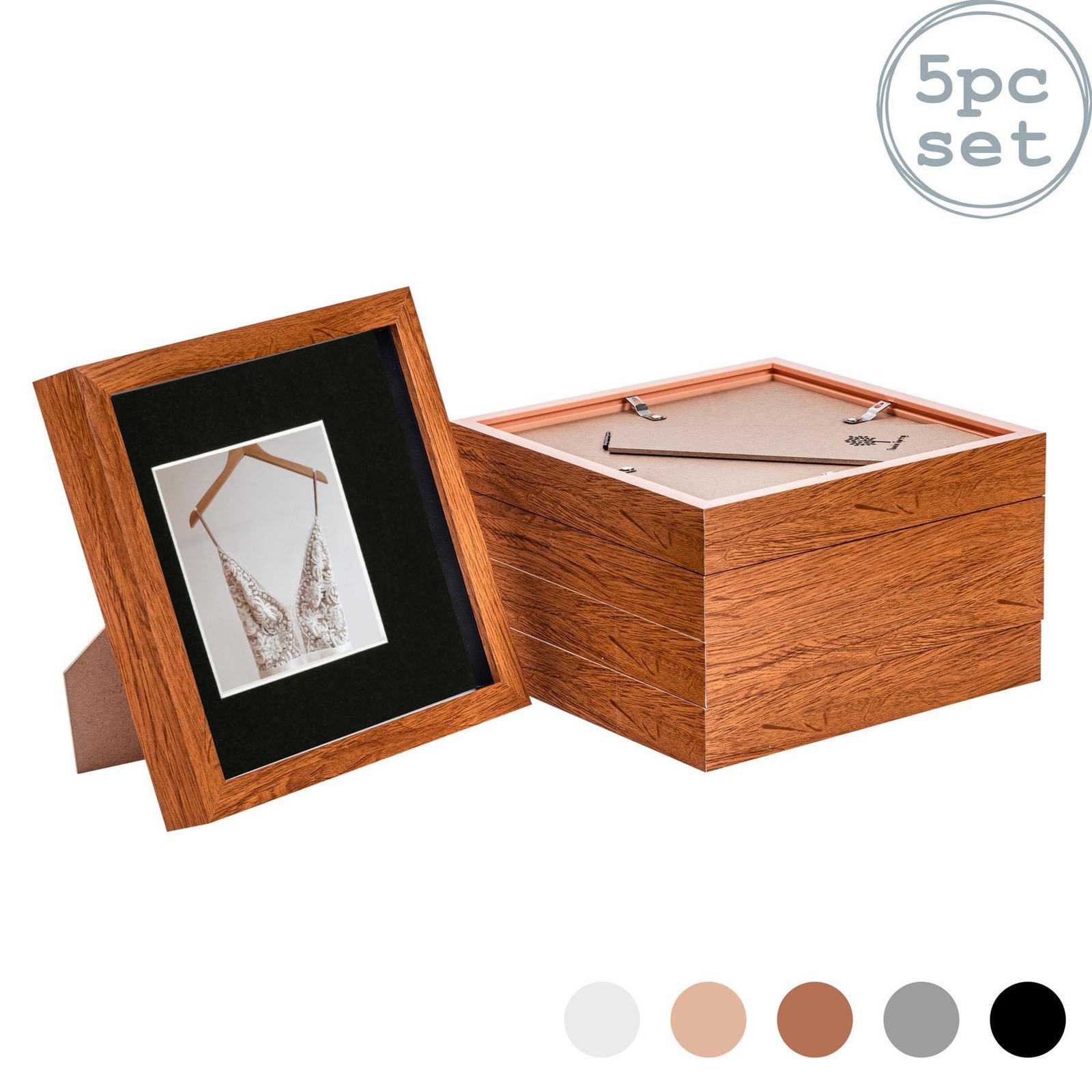 5x 3D Box Photo Frames Picture Display 8 x 8" with 4 x 4" Mount Dark Wood/Black