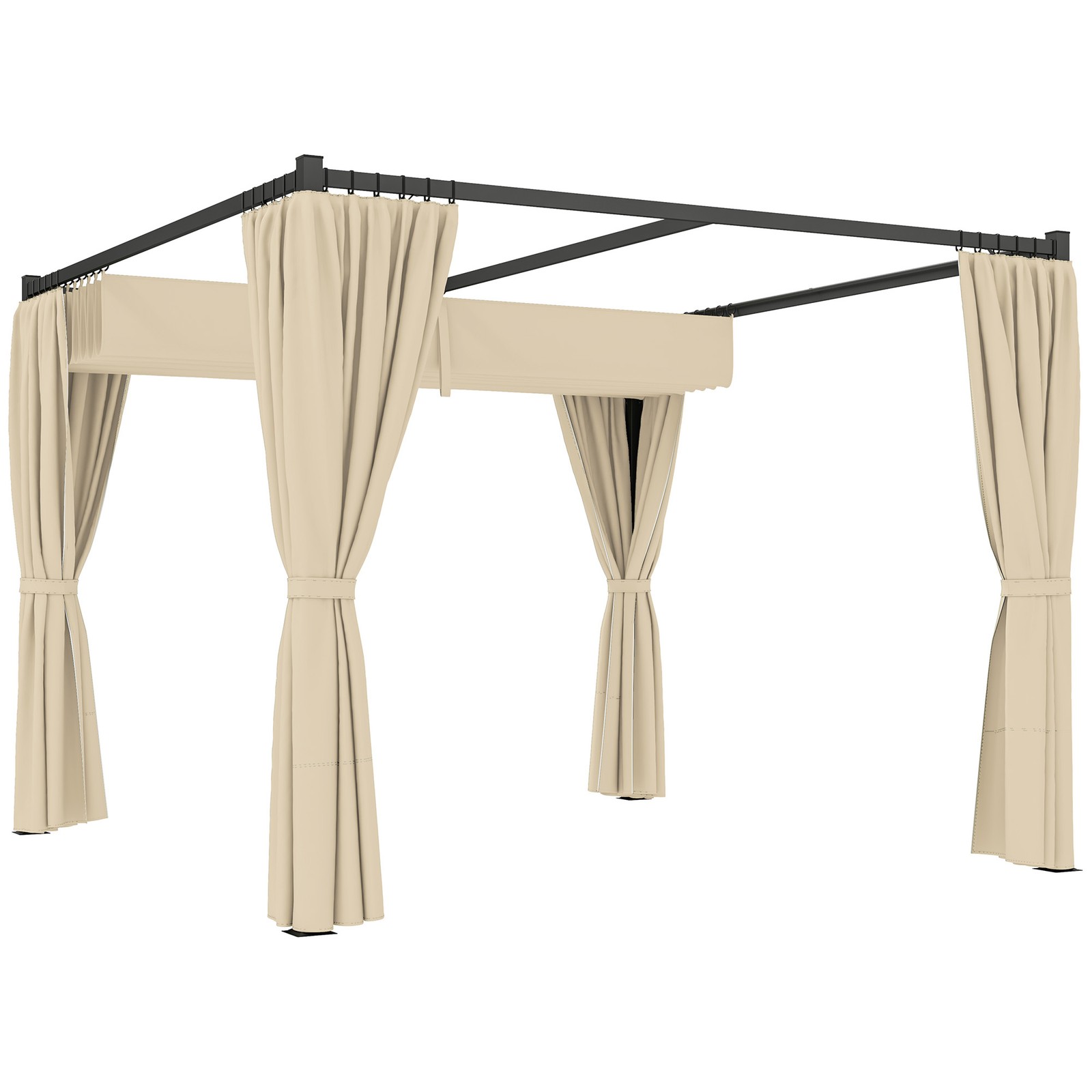 Outsunny 3 x 3(m) Pergola with Retractable Roof and Curtains, Khaki