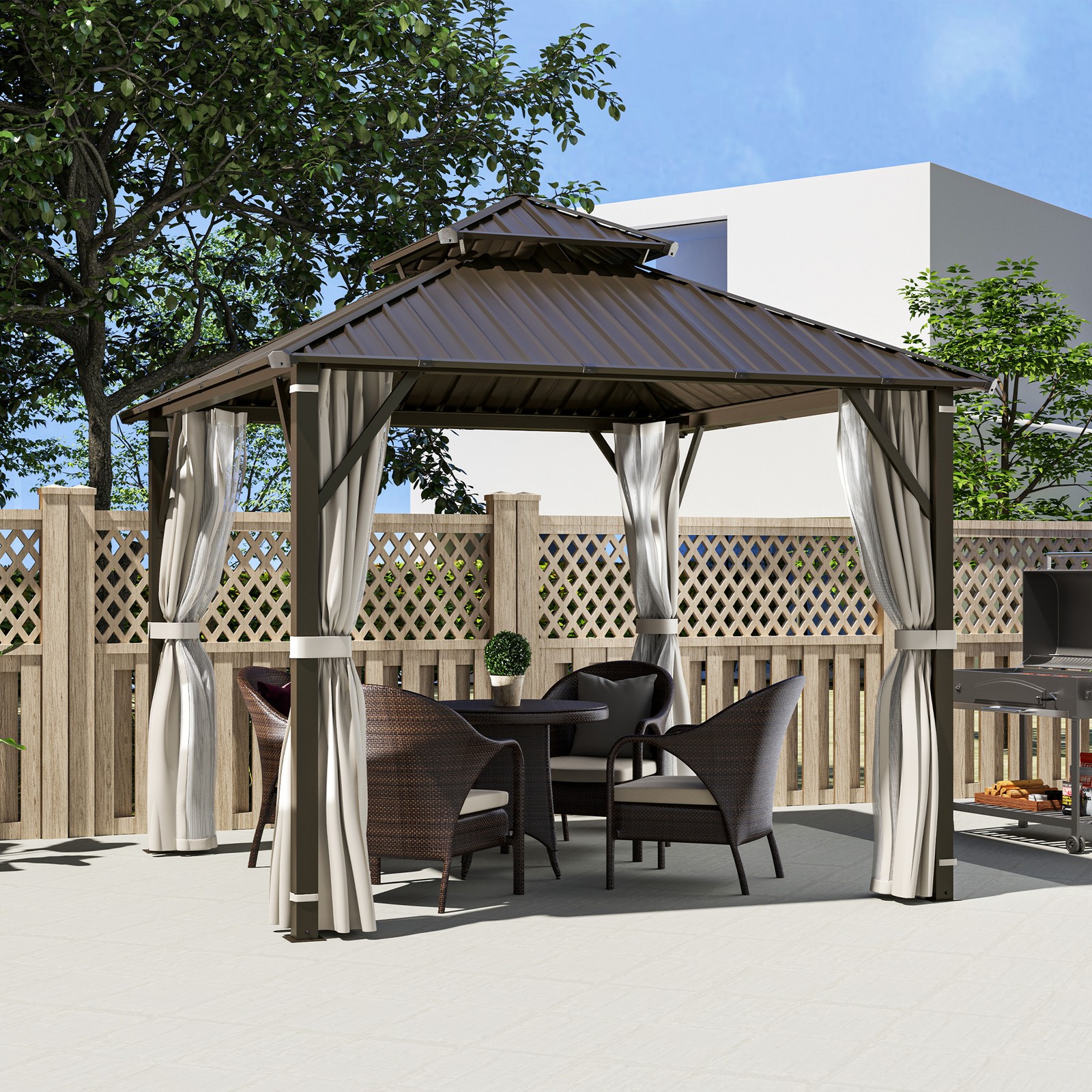 3 x 3(m) Hardtop Gazebo Canopy with Metal Roof, Netting and Curtains