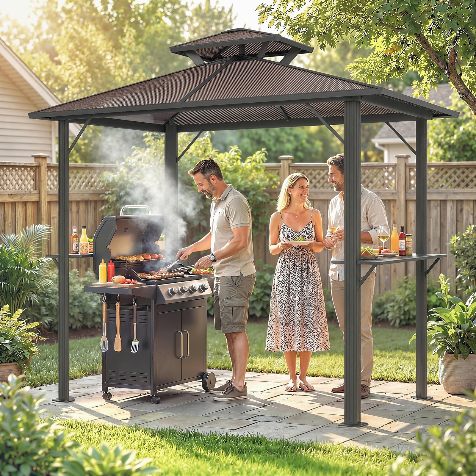 2.5 x 1.5 m Hardtop Grill Gazebo with Double Roof, Aluminium Outdoor BBQ Gazebo