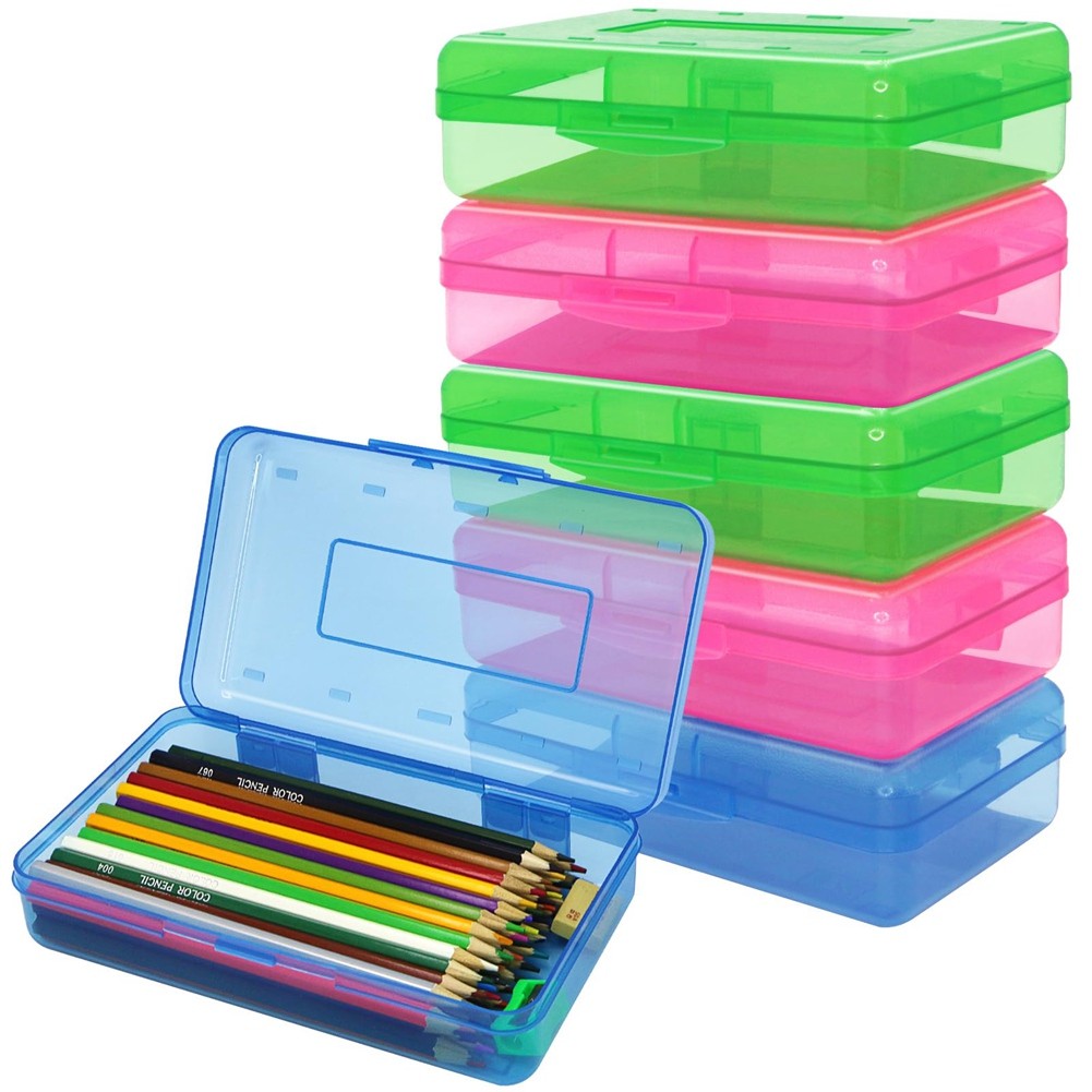 6 Pack Assorted Colors Plastic Pencil Boxes Case Bulk with Lid Snap Closure F8L3