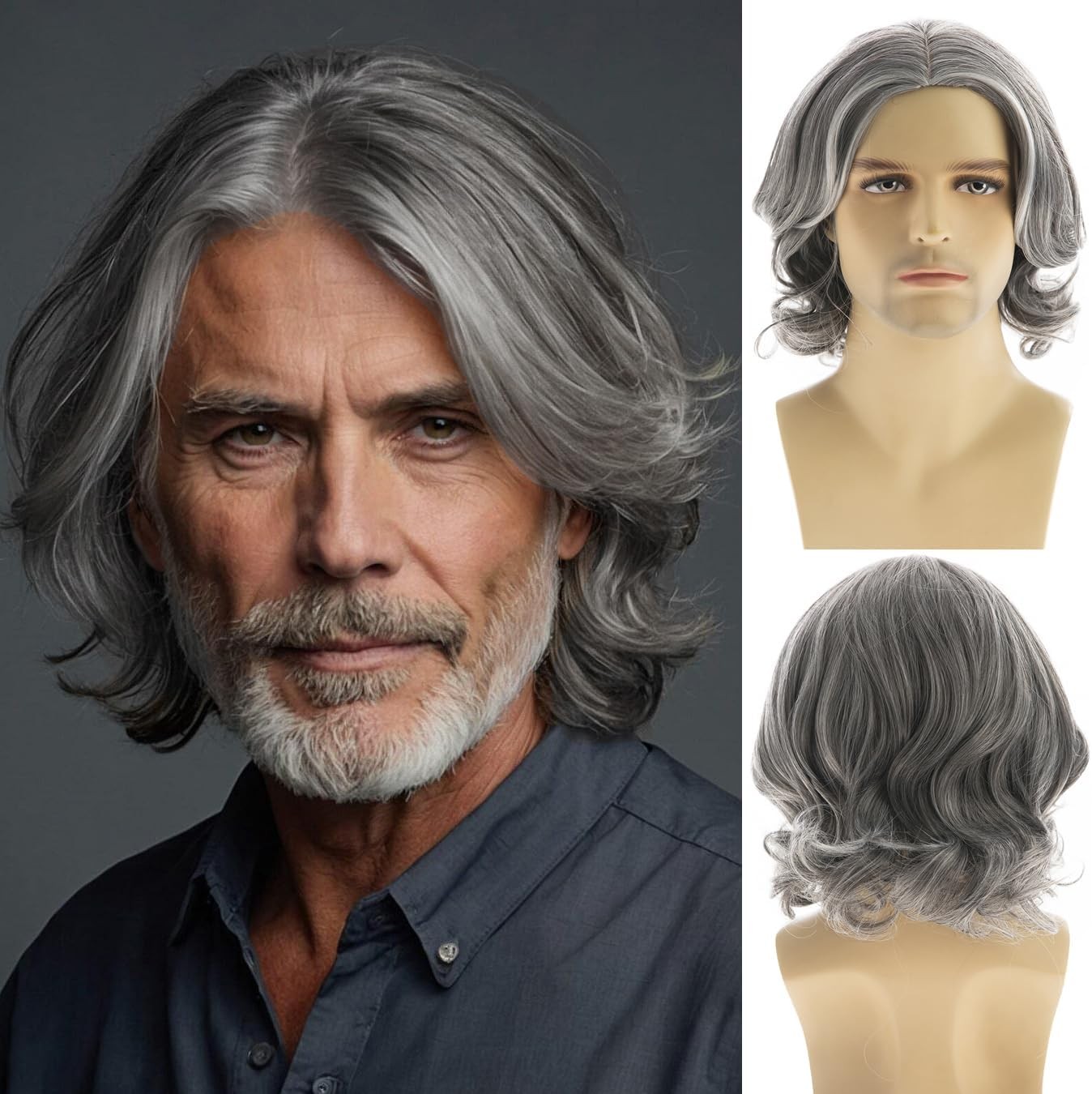 Mens Grey Wig Short Wavy Bob Synthetic Cosplay Party Replacement