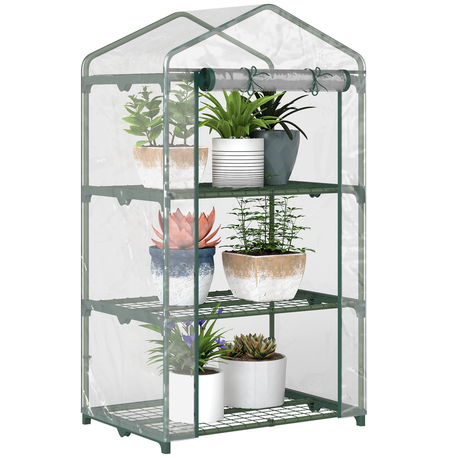 Outsunny 3 Tier Mini Greenhouse Grow House w/ Roll Up Door, Clear