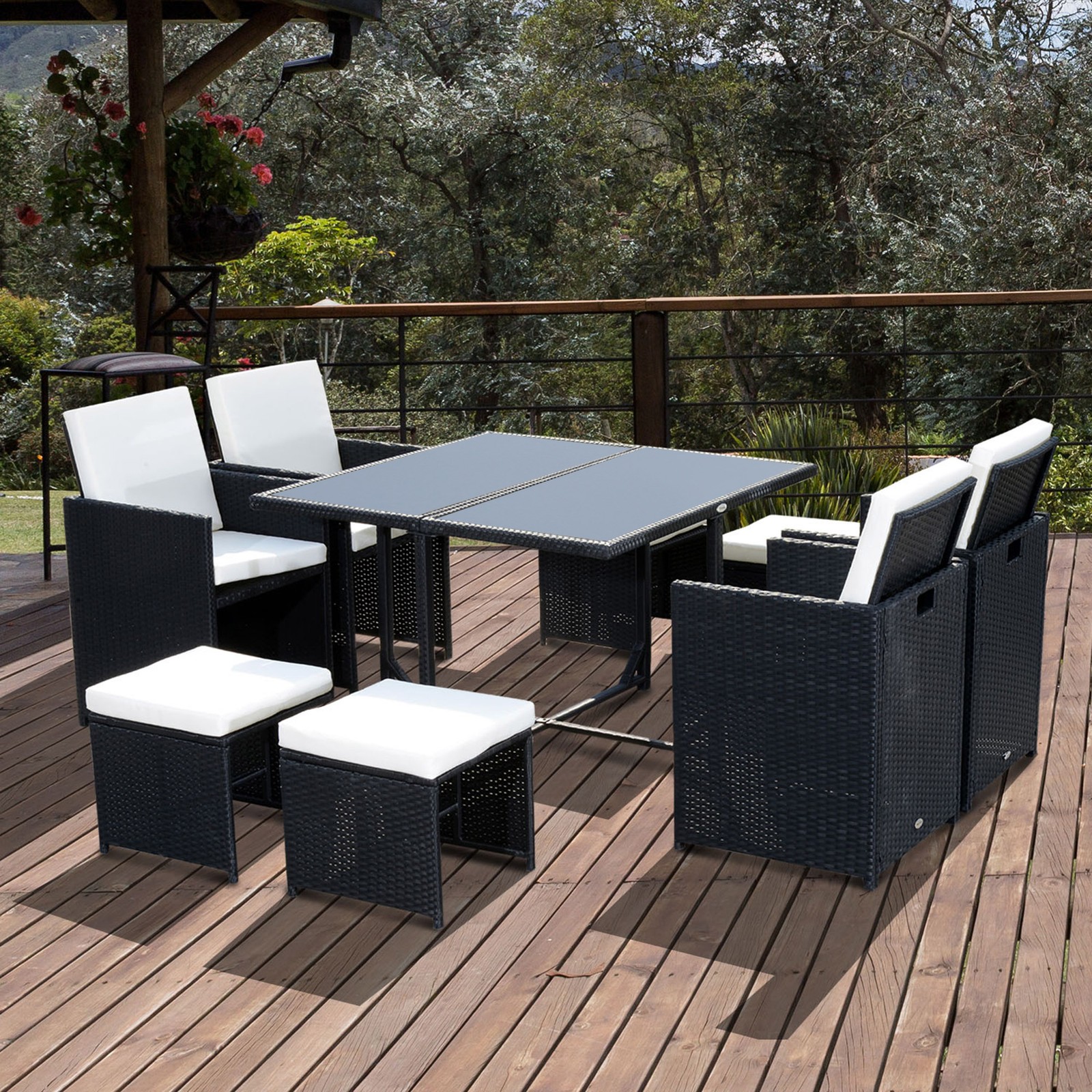 8 Seater Rattan Cube Garden Furniture Dining Set with Cushions, Black