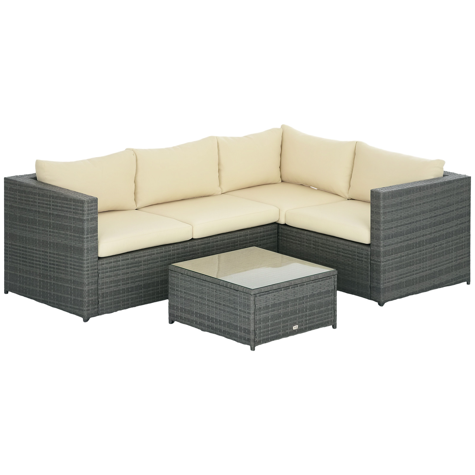 Outsunny 3Pcs Rattan Corner Sofa Set with Coffee Table, Cushion, Beige