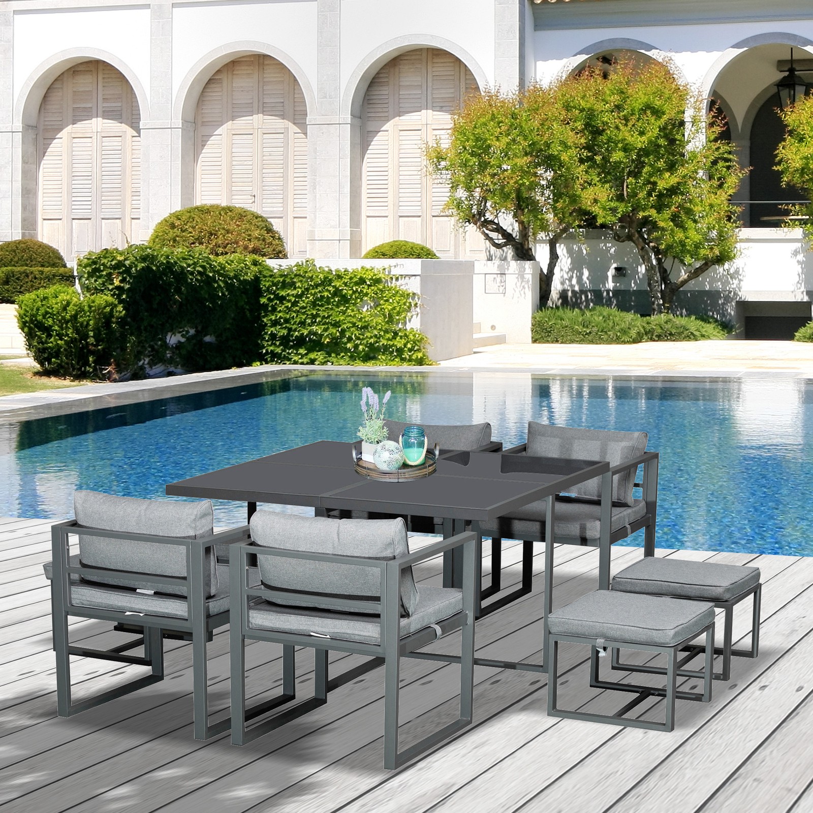 9 PCs Patio Dining Sets W/ 4 Cushioned Chairs 4 Ottoman Table Garden Backyard
