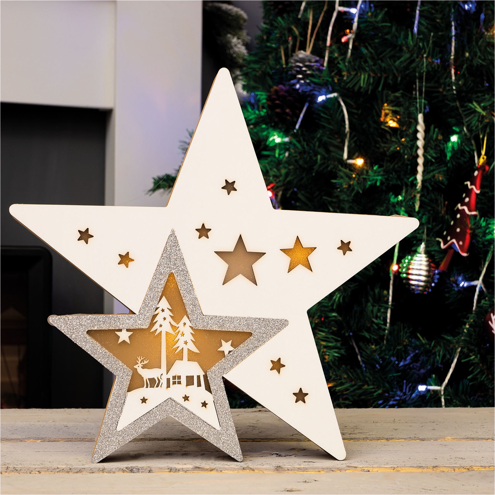 Home Indoor Battery Powered Light Up LED Wooden Christmas Star Decoration