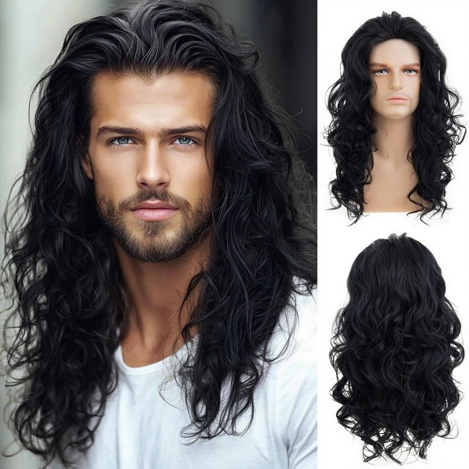 Mens Black Long Curly Wavy Wig Middle Part Synthetic Heat Resistant Daily Party
