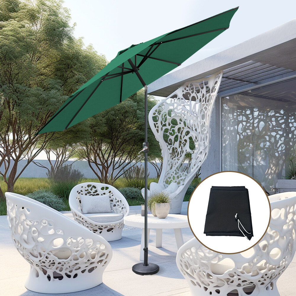 3M Garden Parasol Umbrella Patio Sun Shade Crank Tilt Canopy Green w/ Base Cover