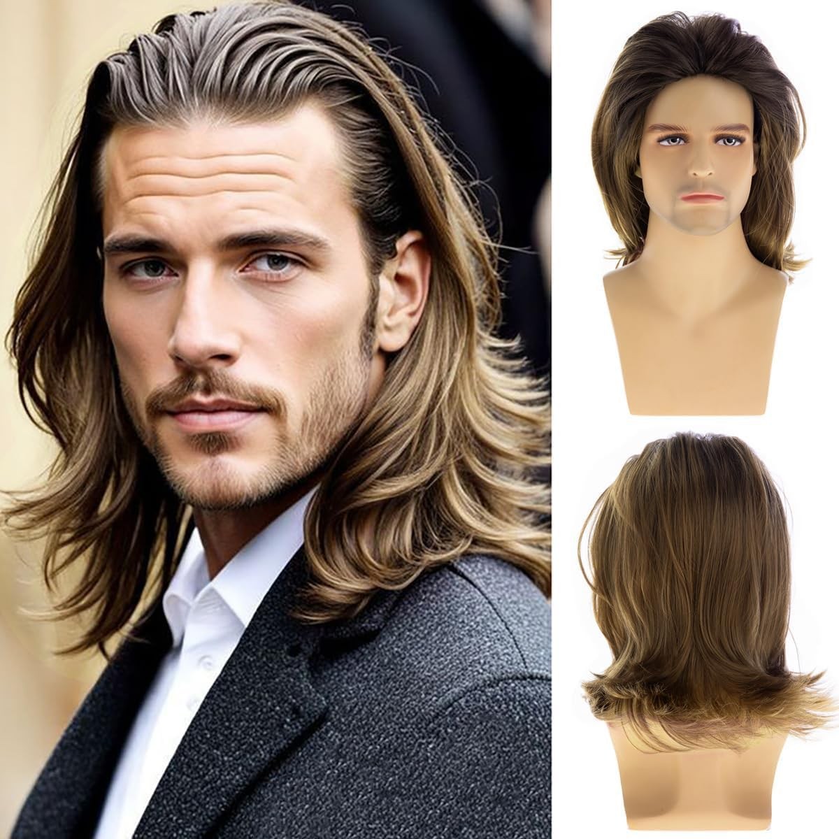 Short Mixed Brown Wavy Wig for Men Middle Part Layered Synthetic Heat Resistant