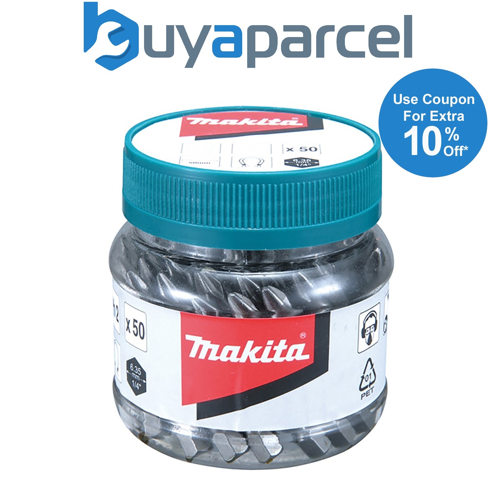 Makita x 50 Pozi No 2 50mm Hex Insert Bits In Candy Tub PZ2 B-26509 50 Pieces