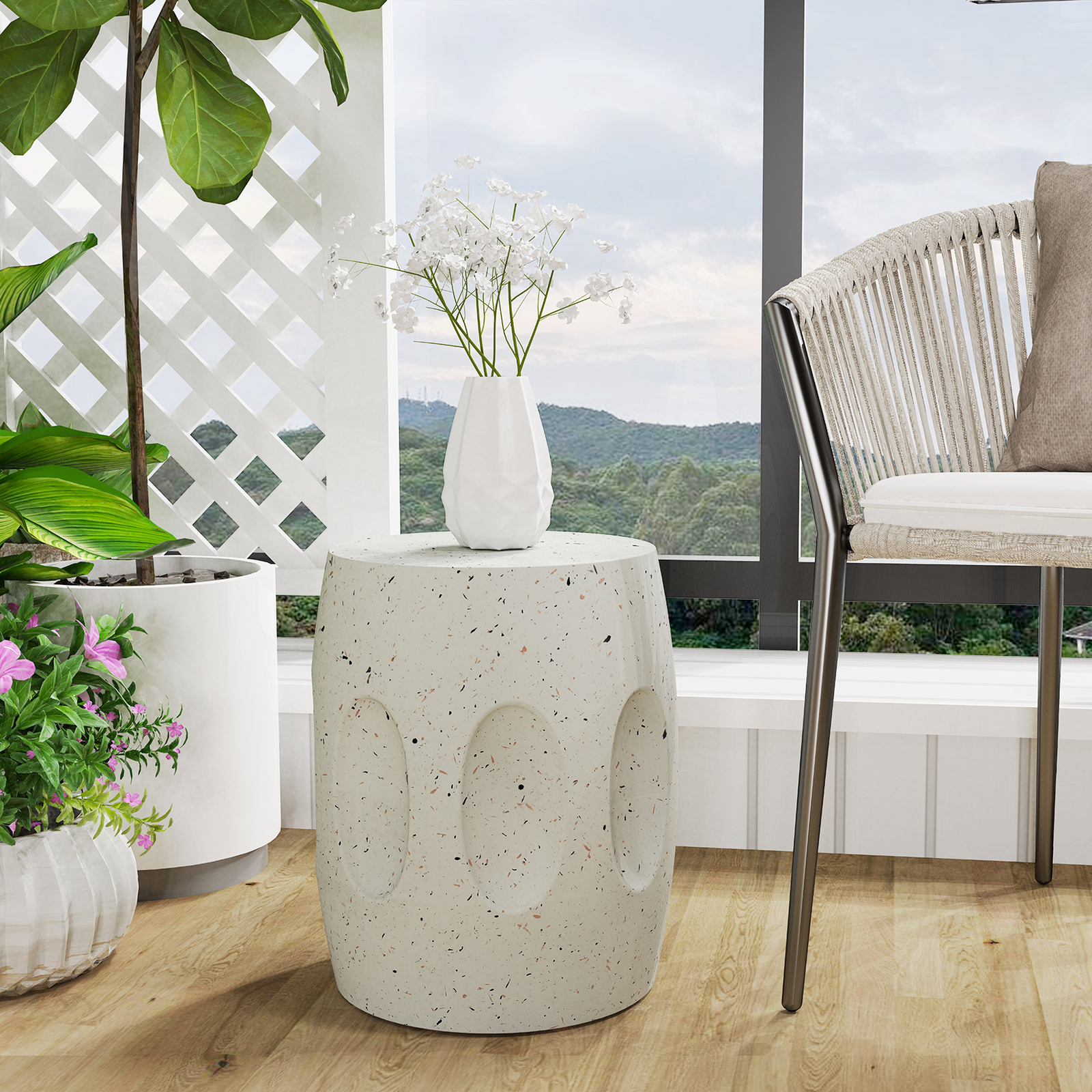 Drum Concrete Garden Stool Outdoor Patio Side Table Lightweight Accent Table