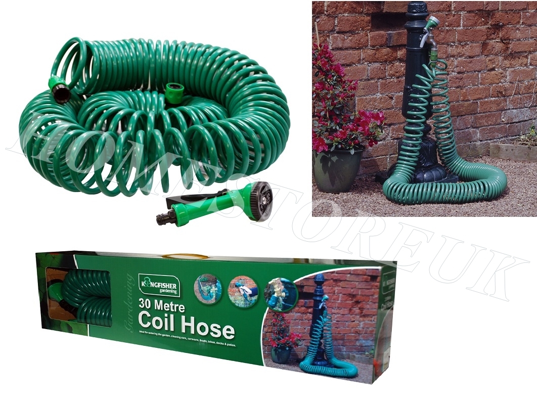 30M COIL RETRACTABLE GARDEN CIRLY HOSE REEL PIPE WITH SPRAY GUN NOZZLE FITTINGS