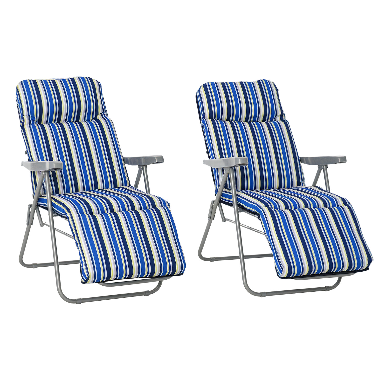 Outsunny Set of 2 Adjustable Sun Lounger Recliner Reclining Seat Blue and Cream