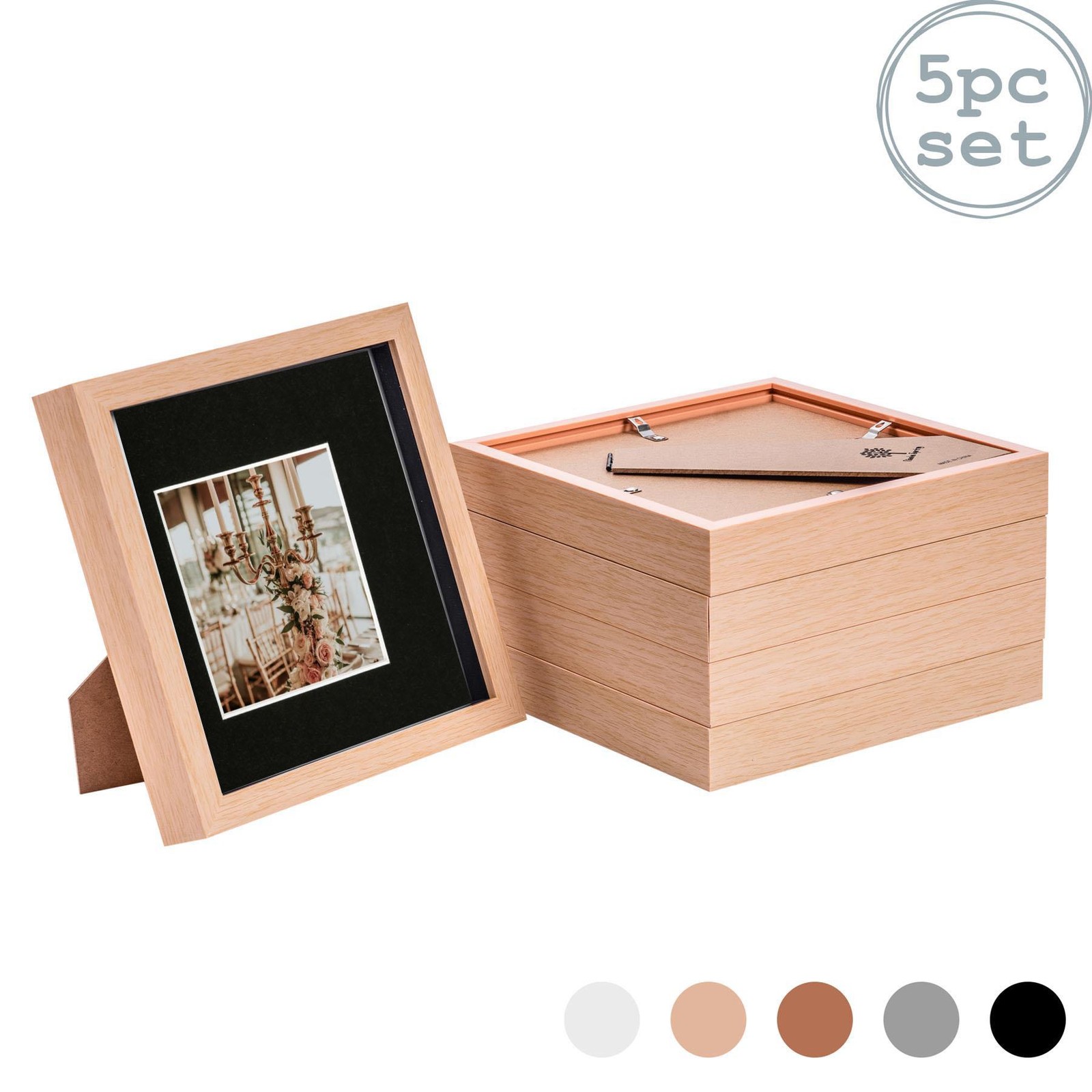 5x 3D Box Photo Frames Display 8 x 8" with 4 x 4" Mount Light Wood/Black