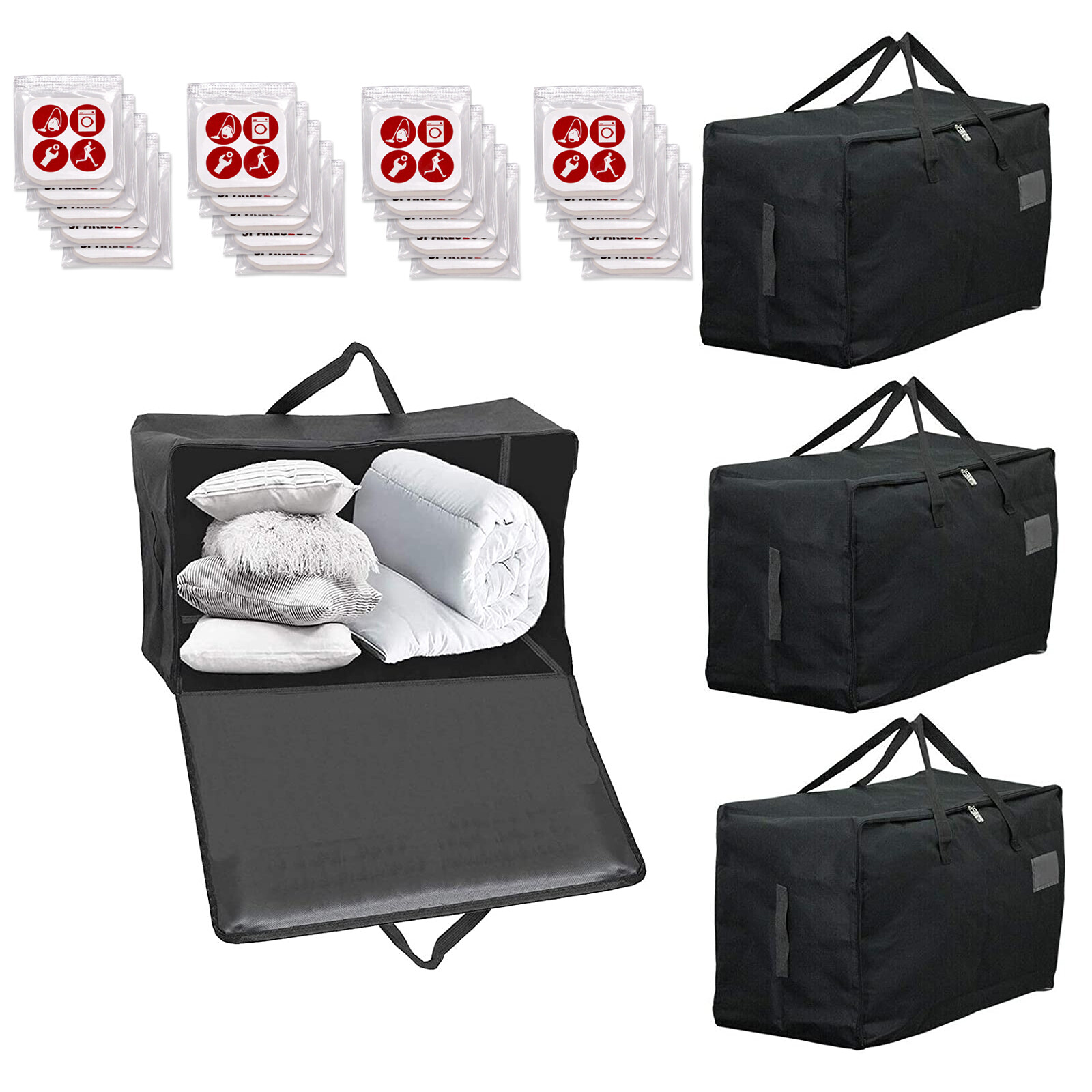 Large Canvas Bag Zipped Duvet Bedding Pillow Storage Zip Nylon 100L Black x 4