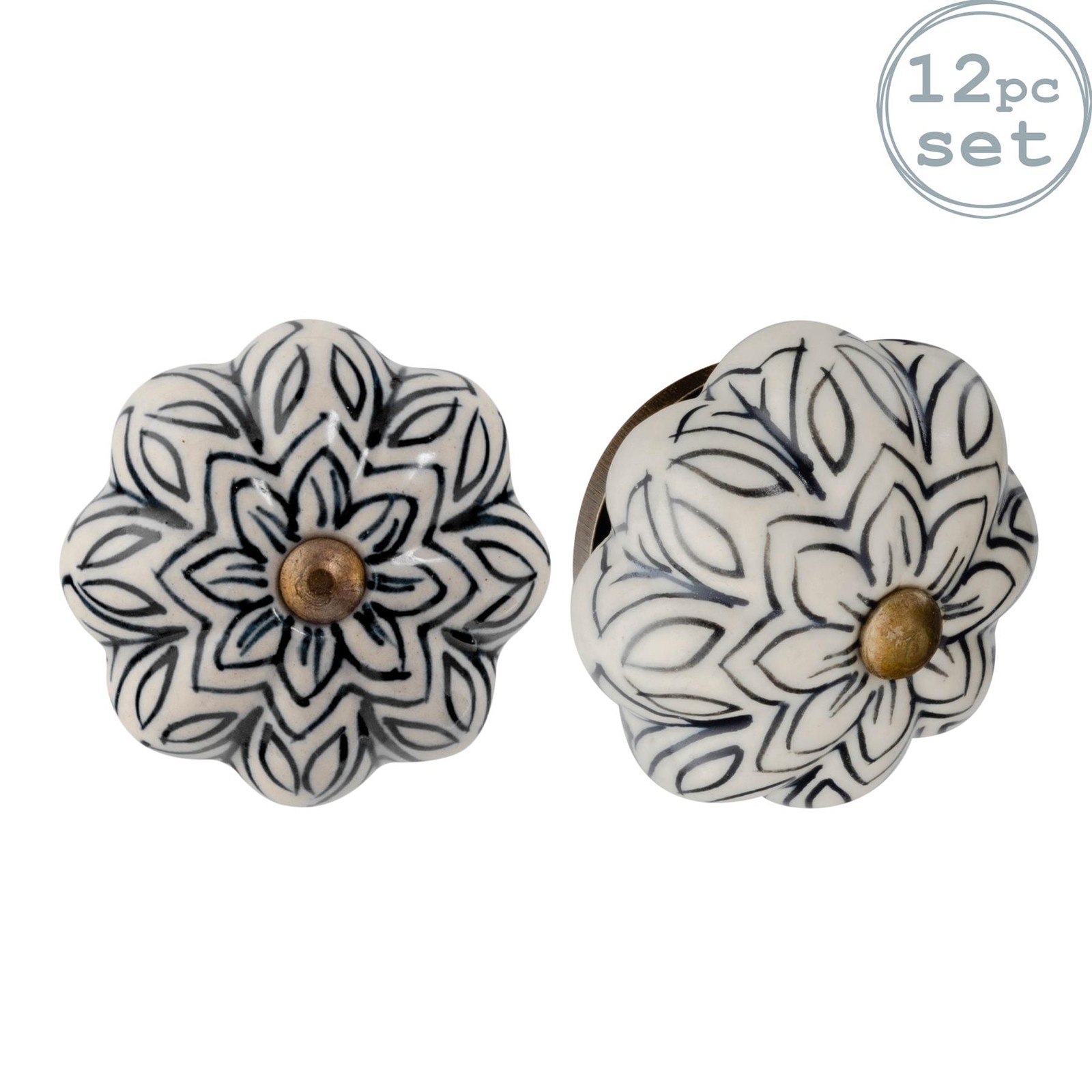 Ceramic Door Knobs Cabinet Drawer Handle Set, Vintage Flower, Black - x12