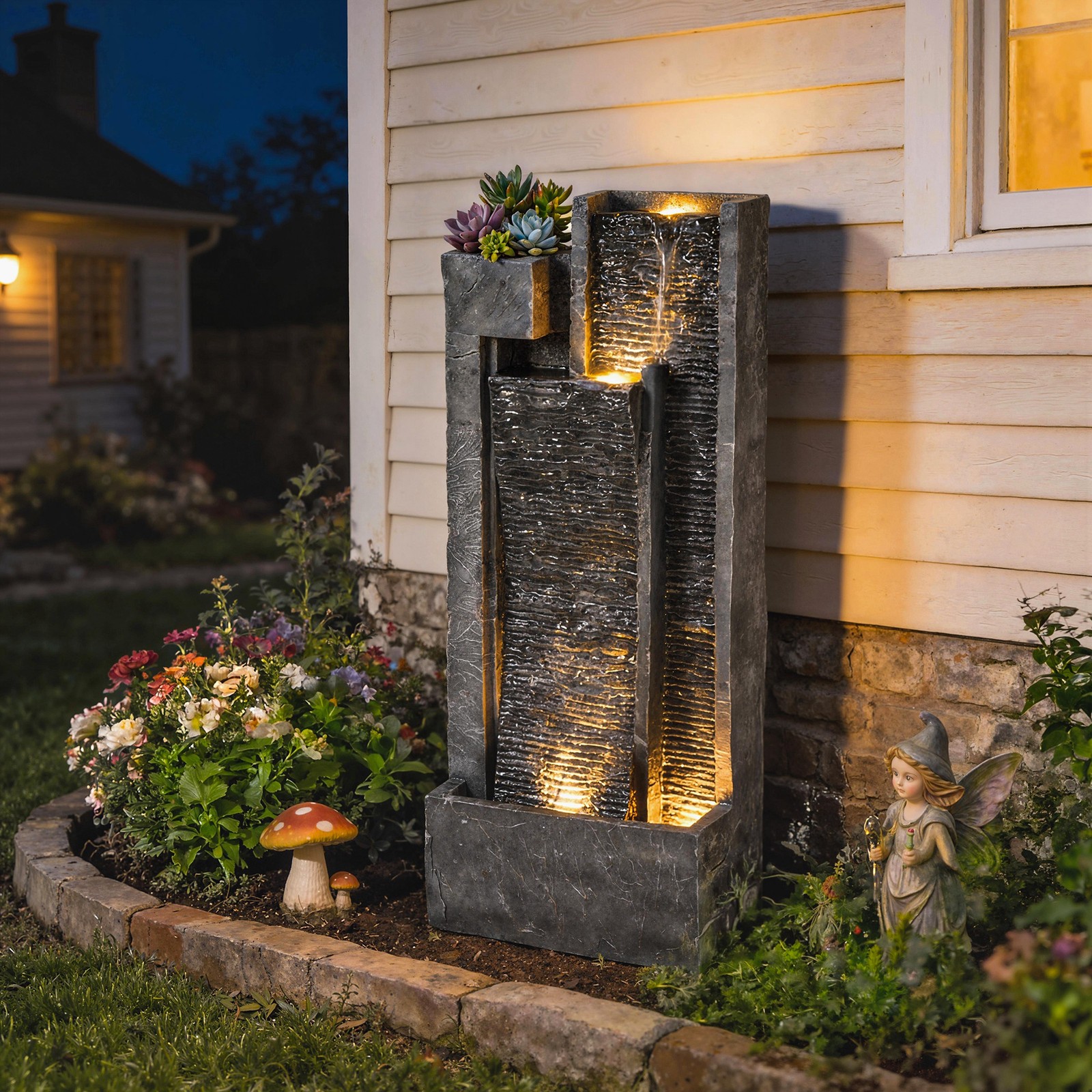 Water Feature with LED Lights, 3-Tier Garden Water Fountain with Pump, Dark Grey