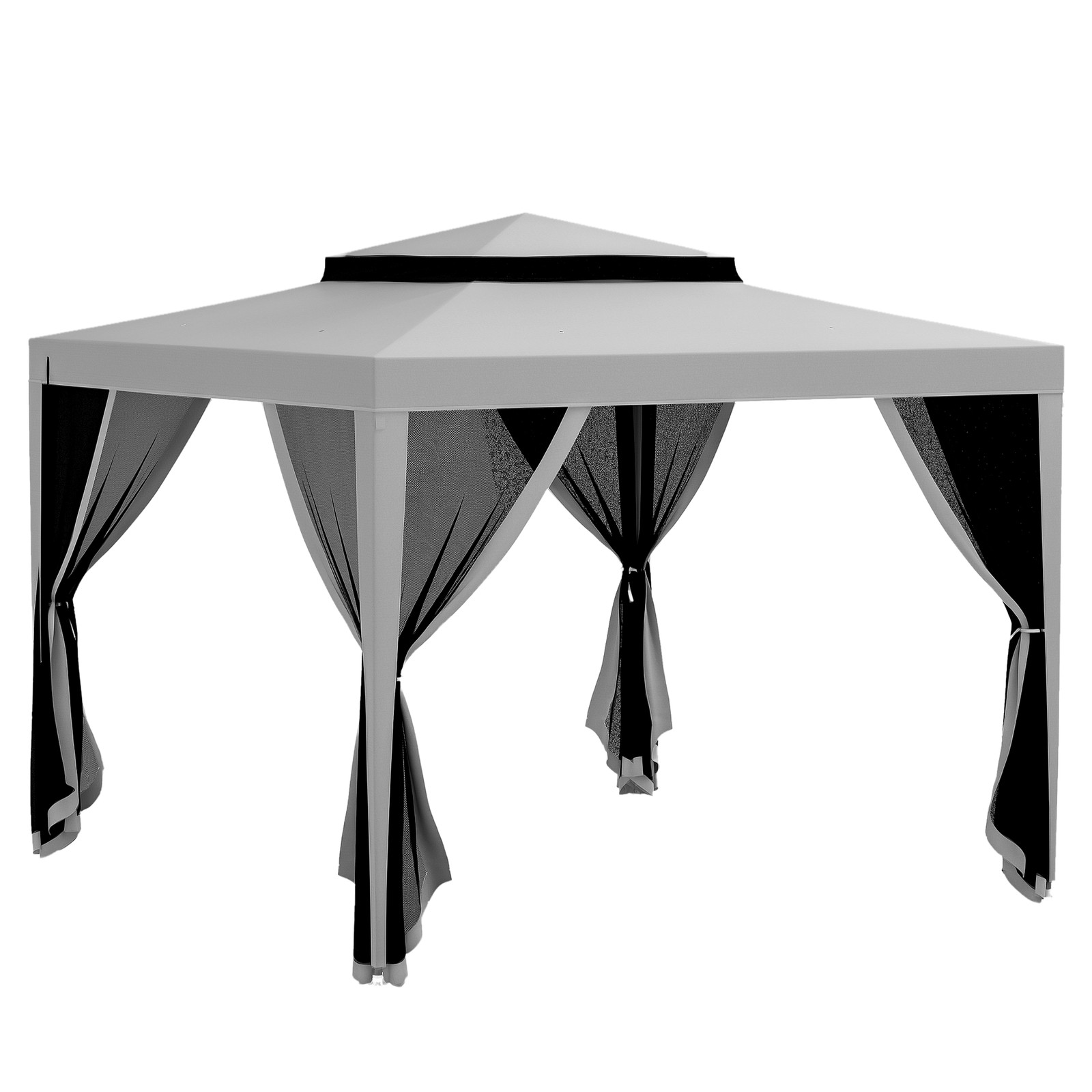 Outsunny 3 x 3 m Gazebo, Netting Party Tent w/ Double Tier Roof, Light Grey