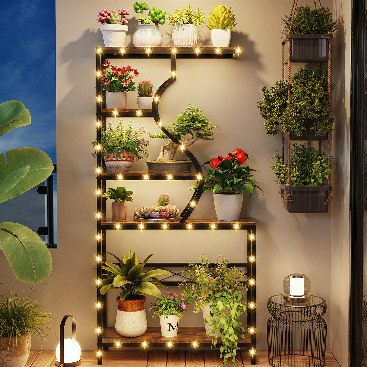 Wooden Large Plant Stand Heavy Duty Metal Flower Shelf Rack for Kitchen, Balcony