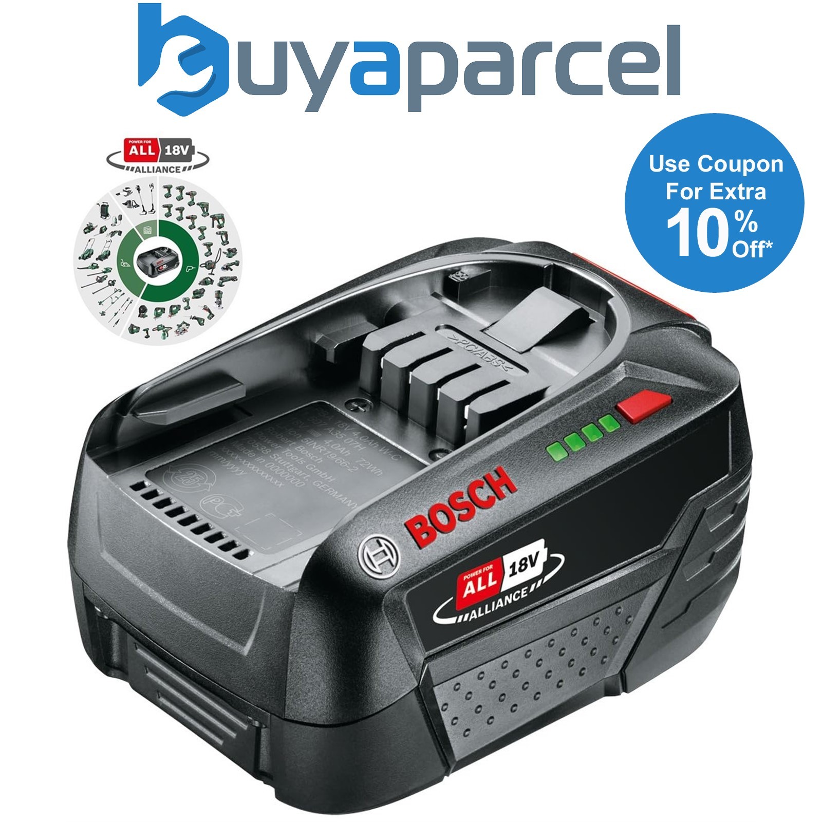 Bosch Green 18v PBA 18v 4.0Ah W-A Lithium Battery Power For All Battery Alliance