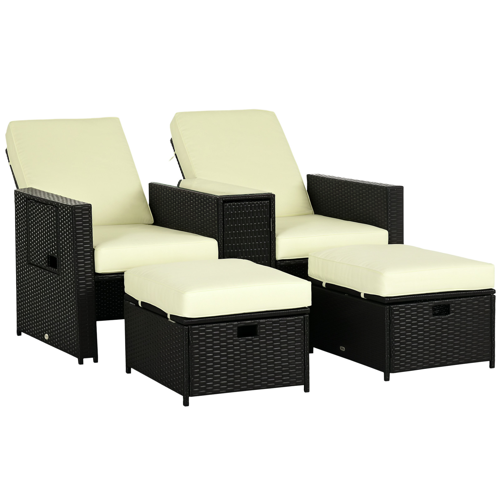 Outsunny Recliner Rattan Sun Lounger w/ Storage Tea Table & Footstools, Balck