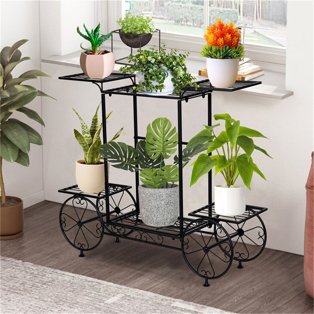 Outdoor Indoor Pot Plant Stand Garden Decor Flower Rack Wrought Iron 4 Wheeler