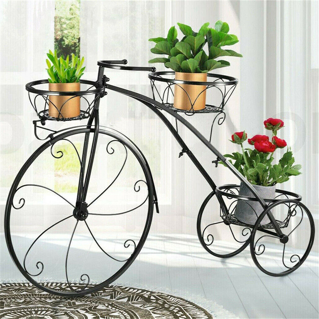 Large Bike Planter Garden Ornament Metal Bicycle Plant Stand with 3 Flower Pots
