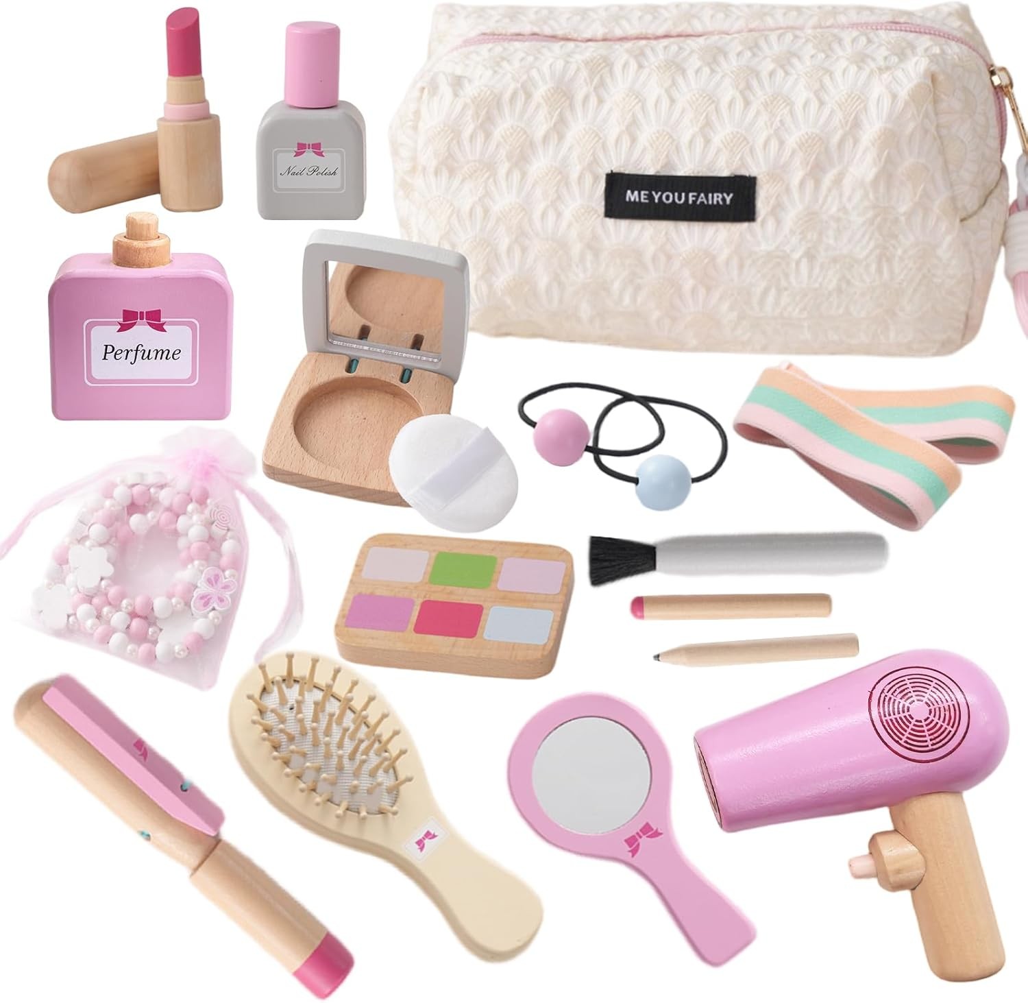 Wooden Pretend Makeup Hairdressing and Jewelry Set for Toddler Girls, Fake Wood