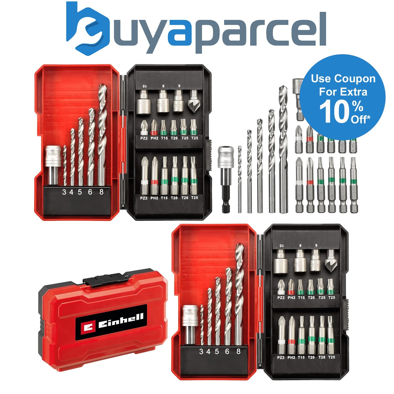 Einhell KWB 44 Piece HSS Drill Screwdriver Bit Set PZ2 PH2 T20 Nut Driver + Case