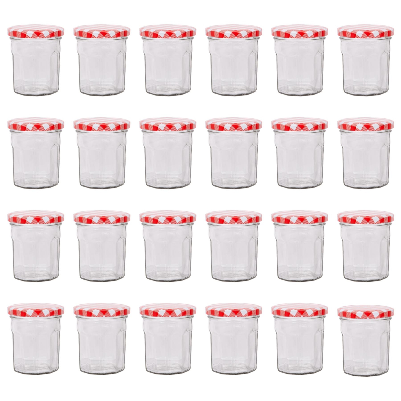 24x 150ml Glass Jam Jars with Red Gingham Lids Chutney Preserve Honey Storage