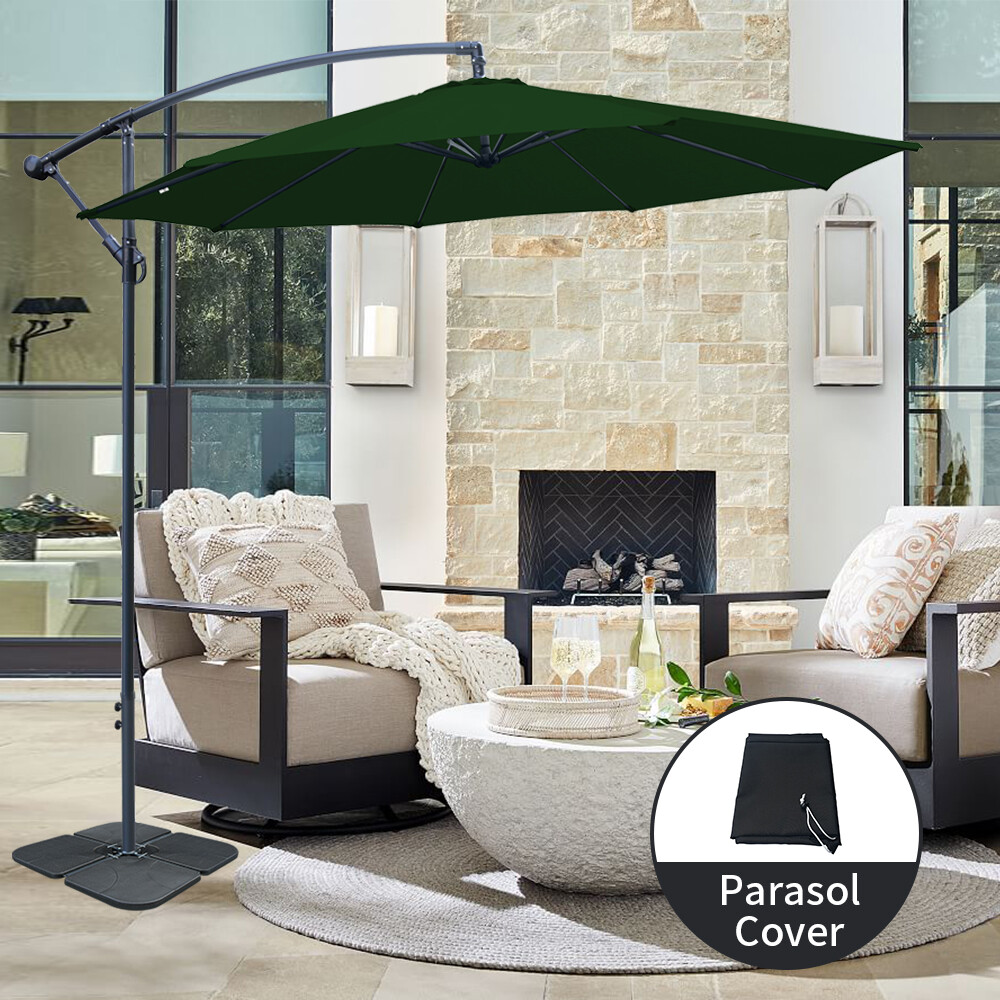 3M Green Banana Parasol Sun Shade Hanging Umbrella Cantilever w/ Base and Cover