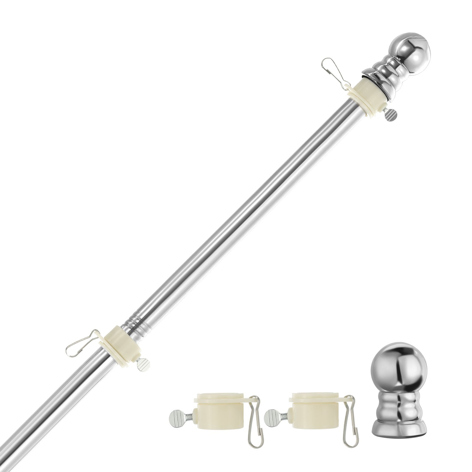 6FT Flagpole, Tangle Free 1" Dia Stainless Steel Flag Pole for Outside, Silver