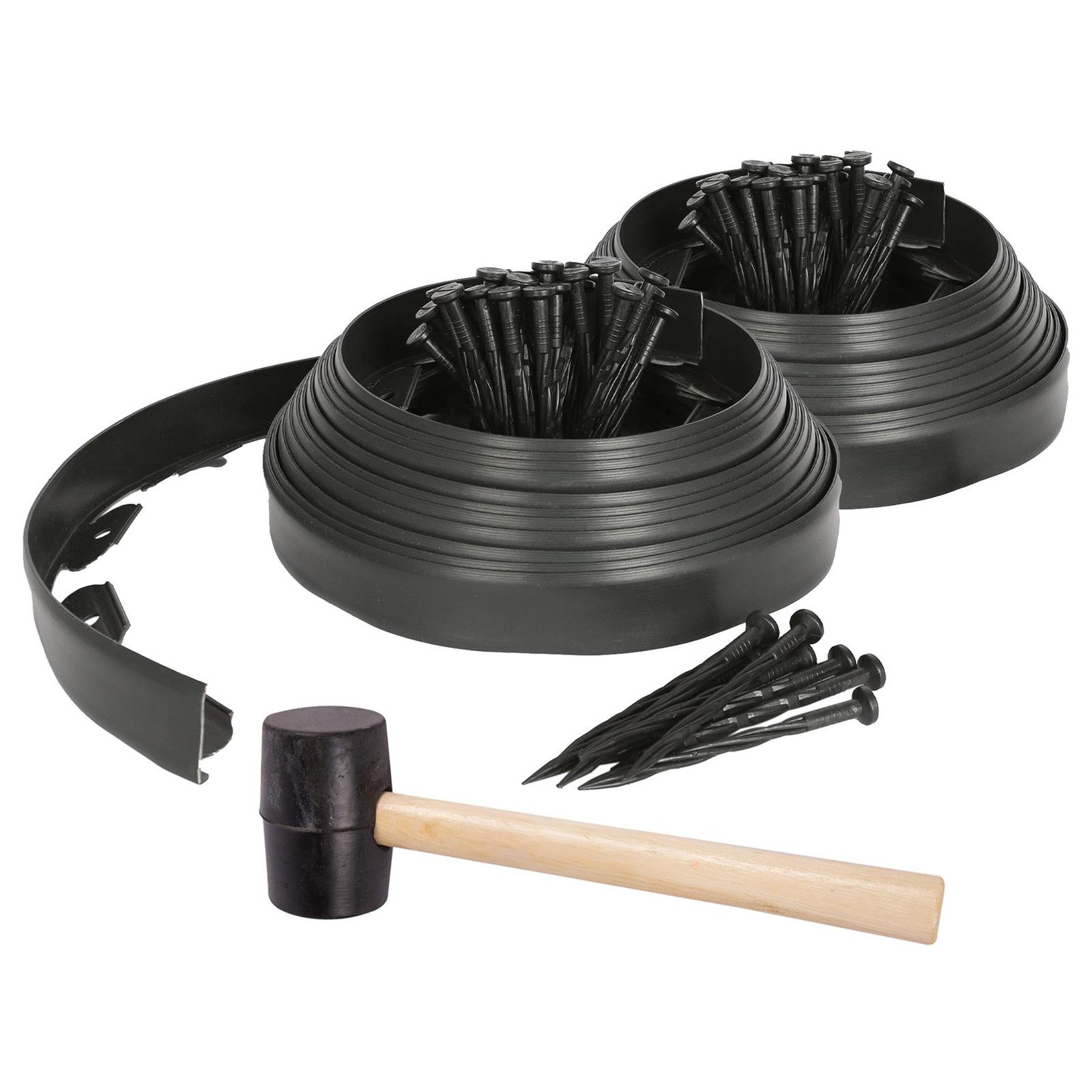 2x Flexible Plastic Lawn & Path Edging with 80 Pegs & Mallet 20m x 4cm Black