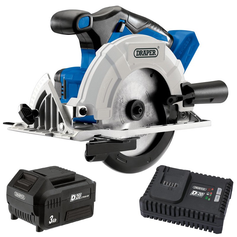 Draper 20V Cordless Circular Saw + D20 3Ah Li-ion Battery & Charger Brushless