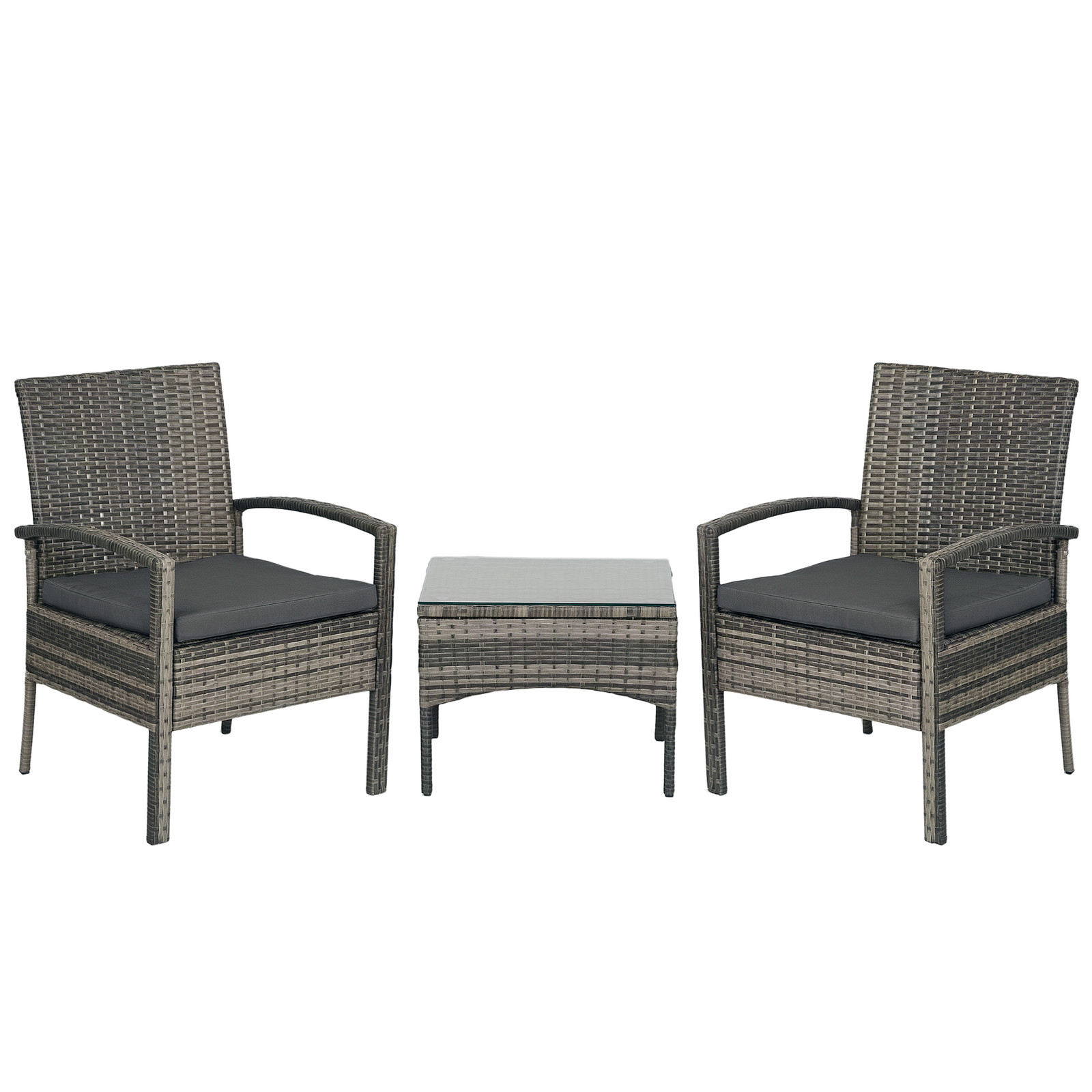 Outsunny 3PC Garden Rattan Bistro Set with Glass Top Table, Mixed Grey