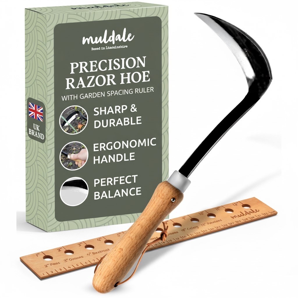 Muldale Japanese Razor Hoe and Garden Spacing Ruler, Superb Gardening Gifts