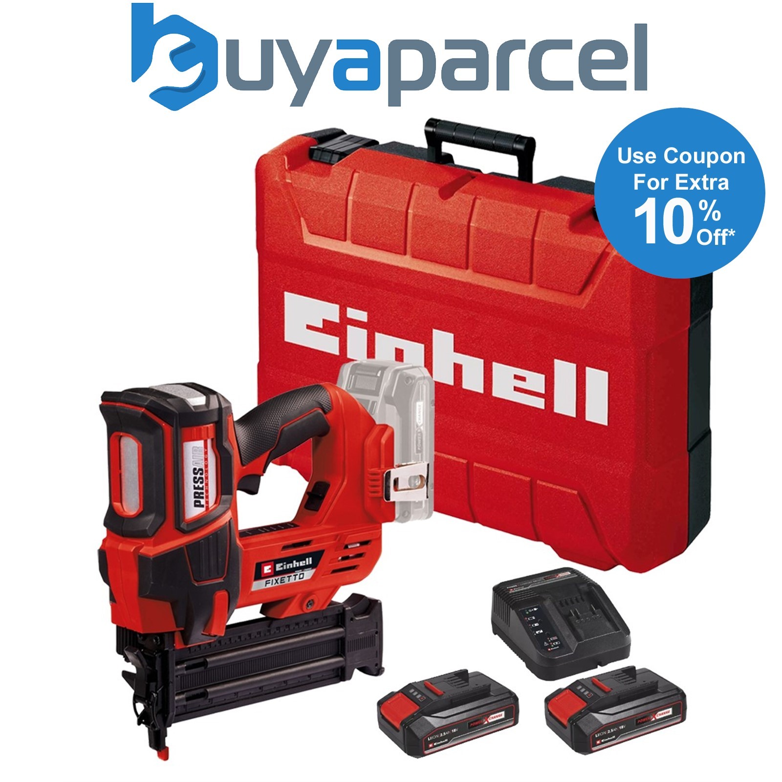 Einhell Power X-Change 18v Cordless Nailer Nail Gun + x2 2.5AH Kit + Case