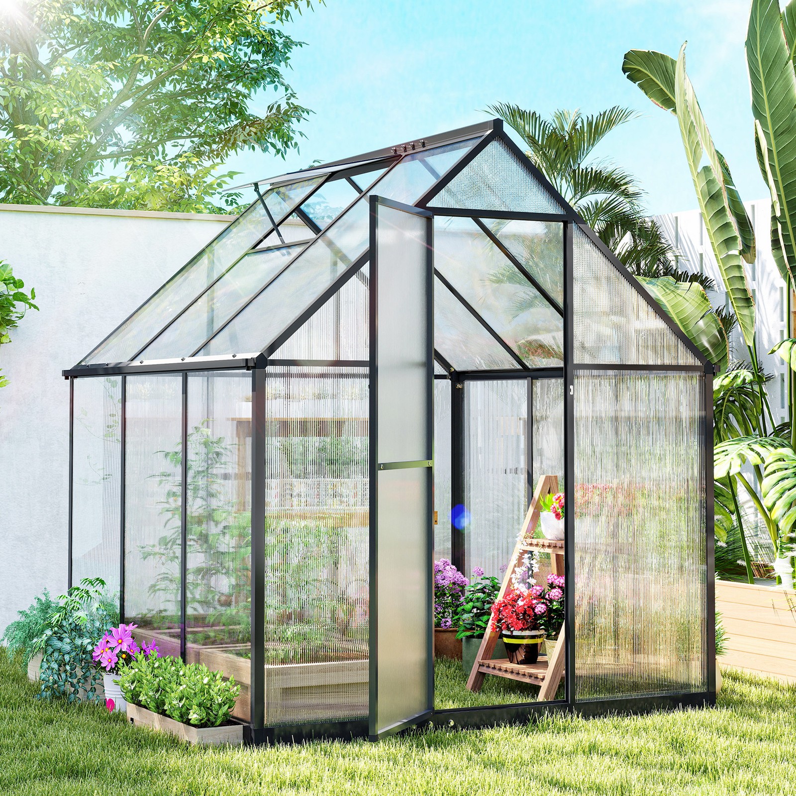 Polycarbonate Greenhouse with Swing Door, Walk-in Greenhouse, Black