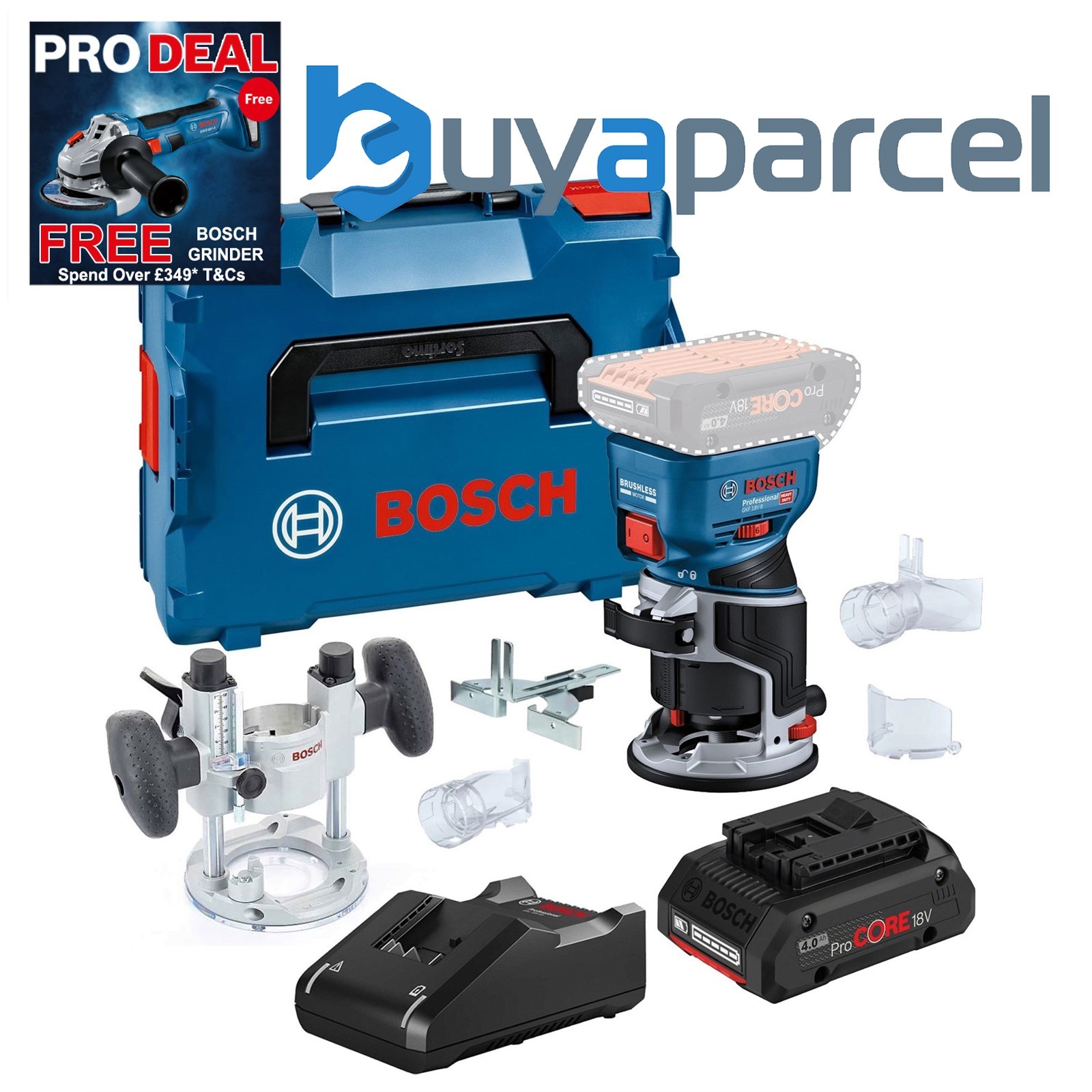 Bosch GKF 18V-8 18v Brushless Palm Router Trimmer Lboxx Plunge Base +4ah Procore