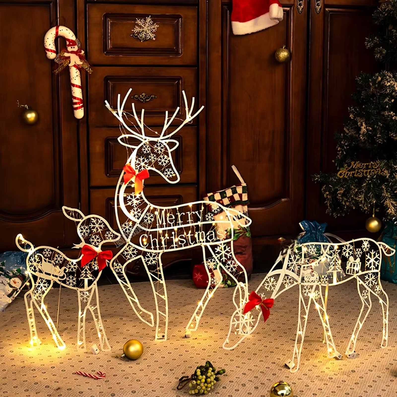 3PCS Handmade Iron ArtElk Deer Christmas Garden Decor &LED Light Glowing9861