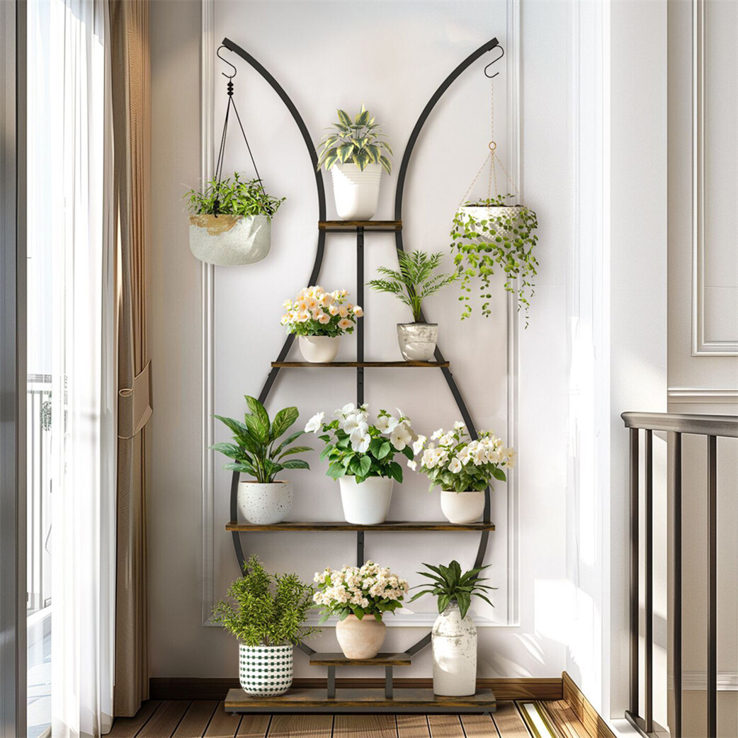5-Tier Curved Plant Stand with Hanger Multiple Plant Rack Flower Holder Balcony