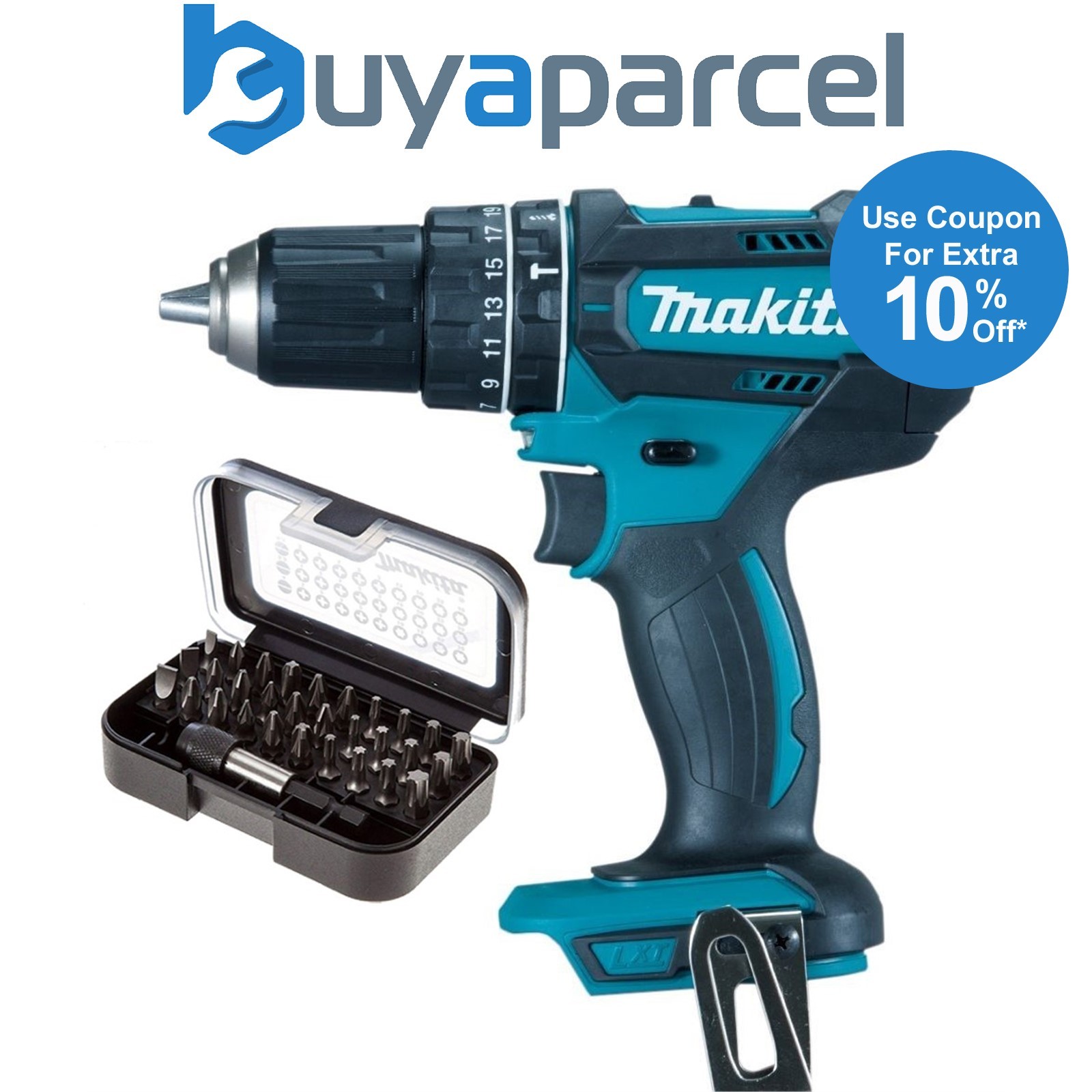 Makita DHP482Z 18v LXT 2 Speed Combi Drill + 30PC Screwdriver Bit Set BARE UNIT