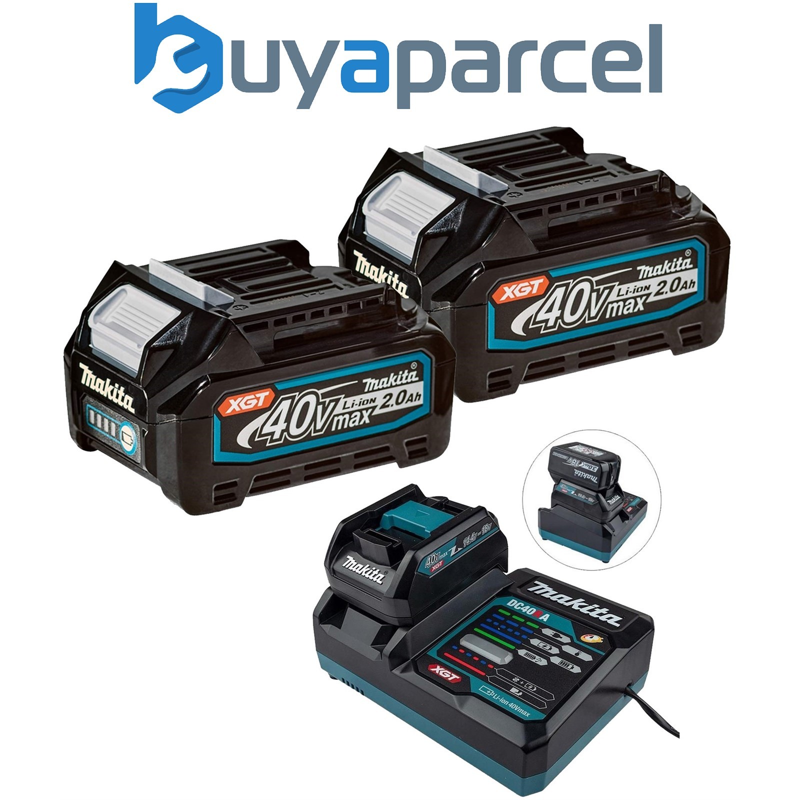 Makita 2 x BL4020 40V Max XGT 2ah Battery + Fast Charger + ADP10 LXT 18v Adaptor
