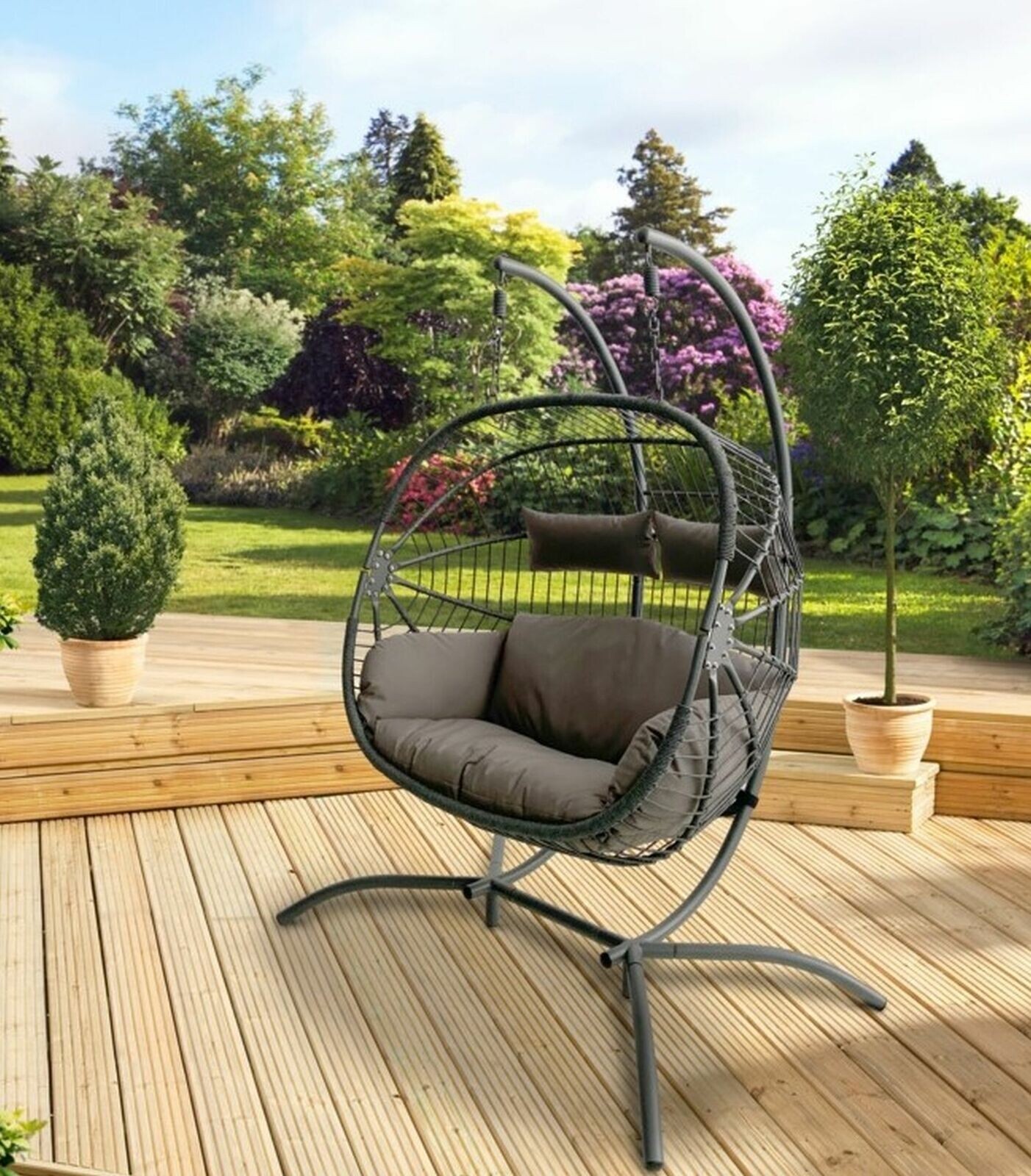 Grey Double Hanging Egg Chair Hammock Two Person Folding Swinging Garden Relaxer