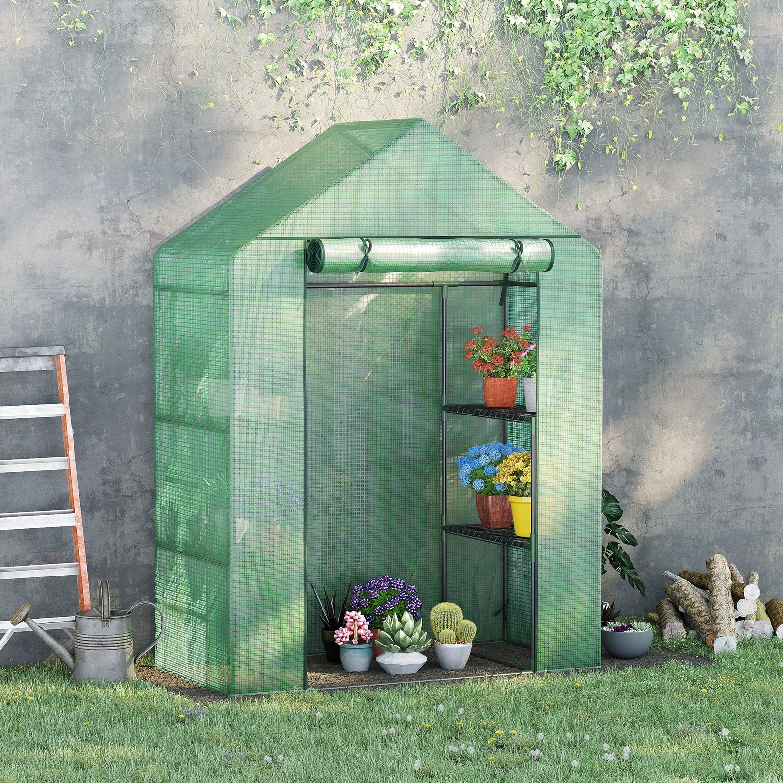Walk In Greenhouse for Outdoor w/ 2 Tier Shelf Roll-Up Door PE Cover, Green